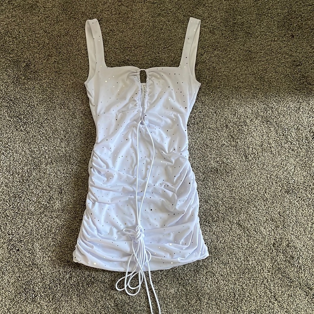 White mini sequin rouched dress